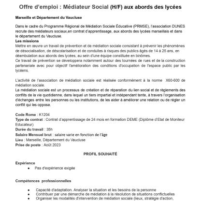 Offre d'emploi : Programme Régional de Médiation Sociale et Educative - Vaucluse