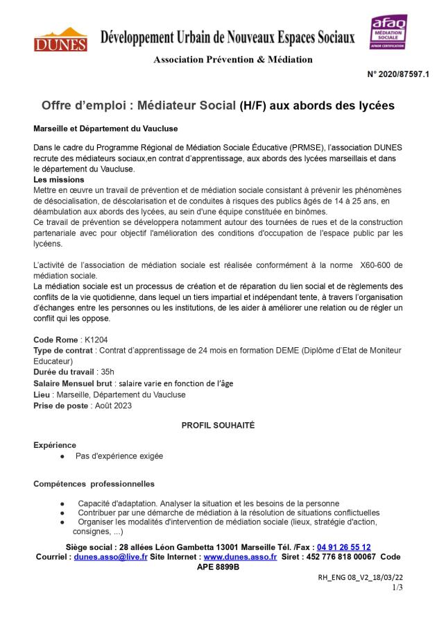 Offre d'emploi : Programme Régional de Médiation Sociale et Educative - Vaucluse